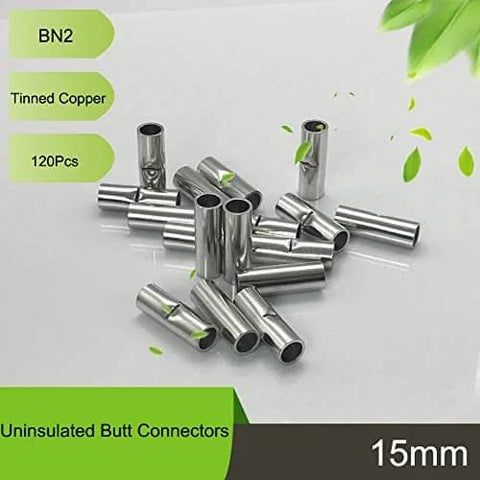 BN2 Non Insulated Butt Connector Set For 16 To 14 AWG Wire 120 Pcs, seamless crimp ferrule terminals, 2.3mm ID, 4mm OD, 15mm length