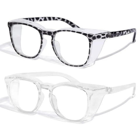 Unisex Anti Fog Safety Glasses With Blue Light Blocking Eye Protection Pack Of 2, featuring clear and patterned frames.