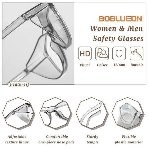 Diagram of unisex anti fog safety glasses with blue light blocking, highlighting adjustable hinges and visual features.