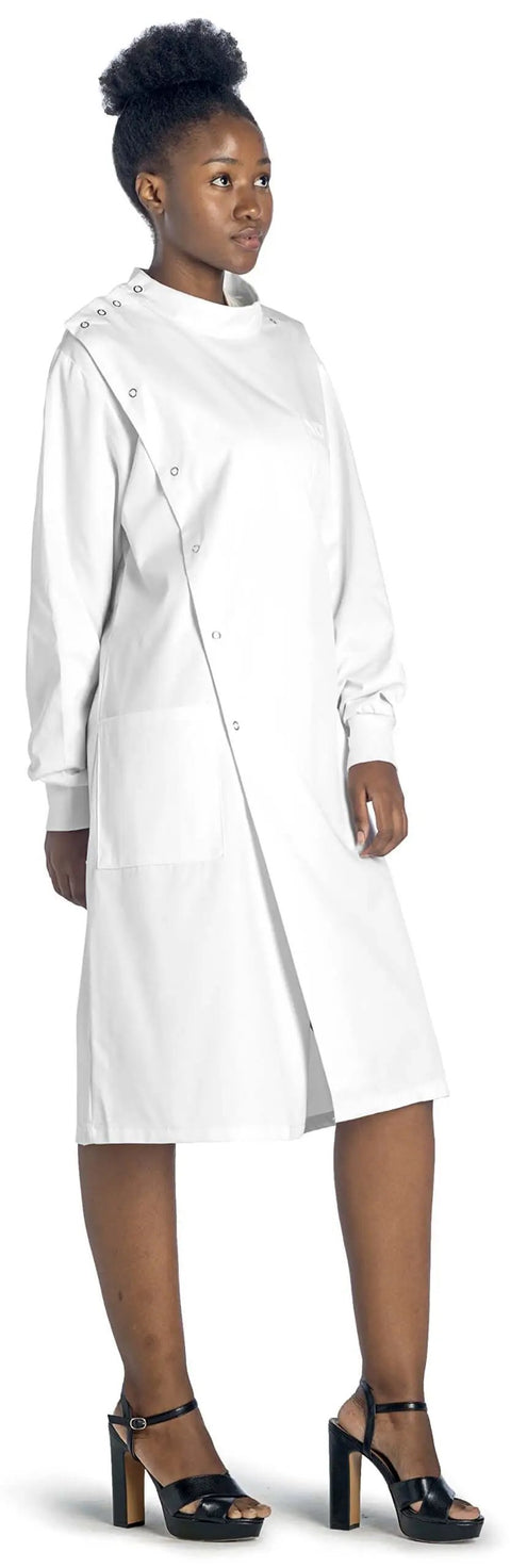 Woman wearing Unisex Lab Coat With Cuffed Sleeves And Snap Closure For Men And Women 43 Inch Length Classic Fit Premium Howie Style
