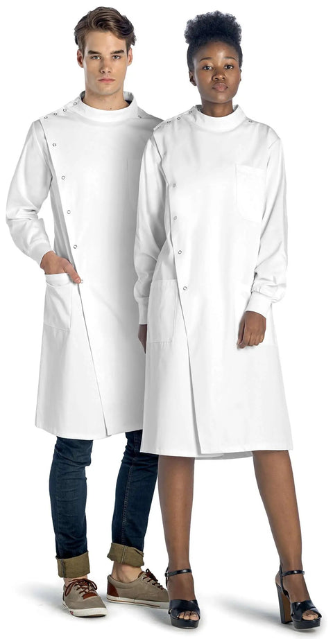 Two models wearing Unisex Lab Coat With Cuffed Sleeves And Snap Closure For Men And Women 43 Inch Length Classic Fit
