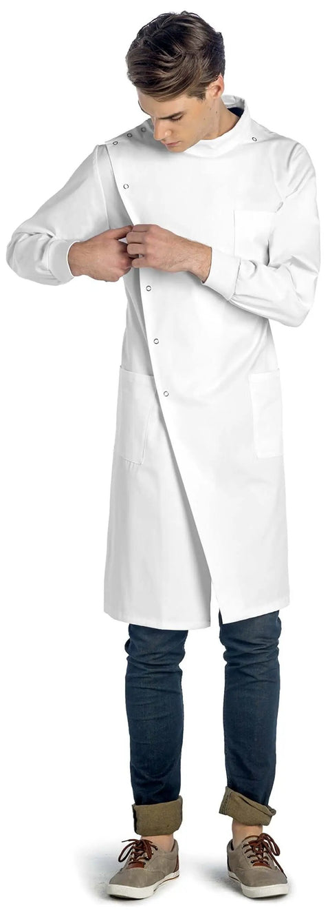 Unisex Lab Coat With Cuffed Sleeves And Snap Closure For Men And Women 43 Inch Length Classic Fit Premium Howie Style Dr James Durable Poly Cotton Blend Breathable Comfort Professional Medical Apparel. Person wearing lab coat.
