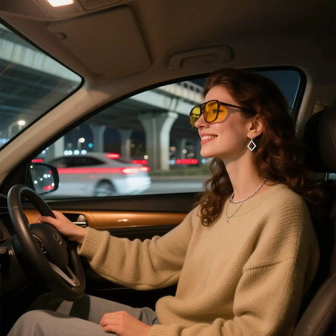 Unisex Large Night Vision Driving Glasses Anti Glare For Safe Night Driving worn by woman driving at night