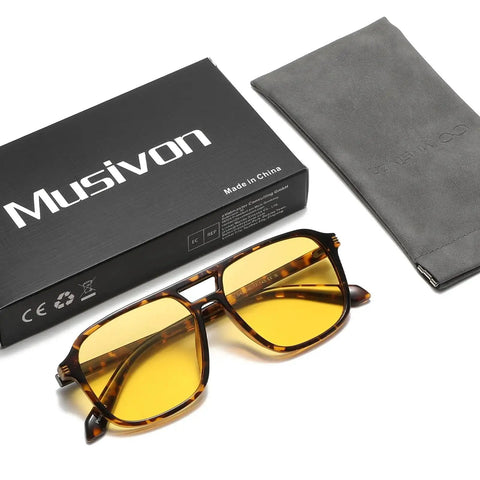 Unisex Large Night Vision Driving Glasses Anti Glare For Safe Night Driving with case and packaging, showing yellow lenses.
