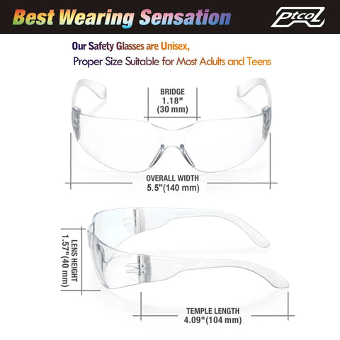 Diagram showing 28 Pack Unisex Safety Glasses With Impact Resistant Lenses ANSI Z87.1 Certified with dimensions.