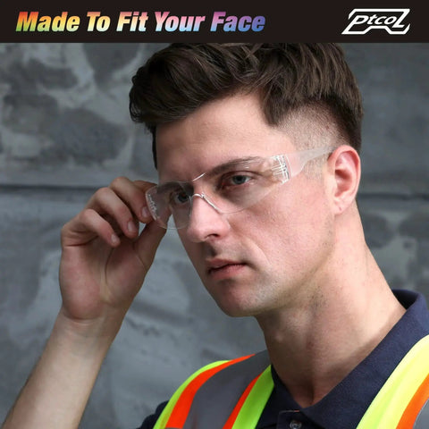 Man adjusting 28 Pack Unisex Safety Glasses With Impact Resistant Lenses ANSI Z87.1 Certified, wearing safety vest.