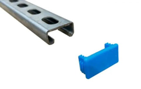 Low profile blue plastic safety end caps for Unistrut channel, 13/16 by 1-5/8 inches, 10 count with channel and cap visible