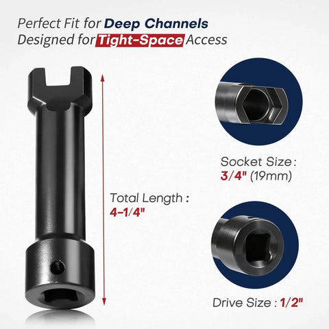 Durable Strut Channel Socket for Unistrut systems, one half inch drive and impact rated, side view with dimensions.