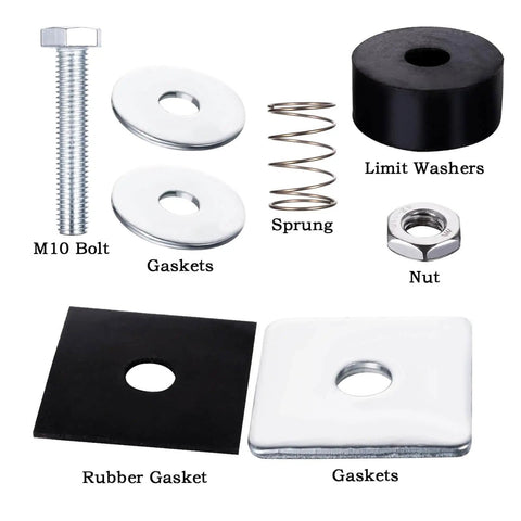 Components of 1-5/8 inch Unistrut trolley limit hardware for secure strut channels, including bolt, gaskets, and rubber pads.