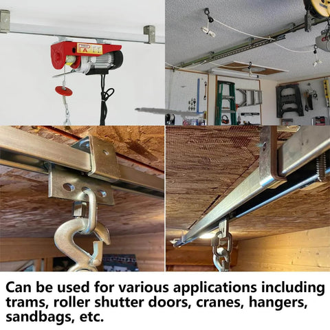 Unistrut Channel Trolley Track installed on ceiling for lifting applications with hangers in automation systems.
