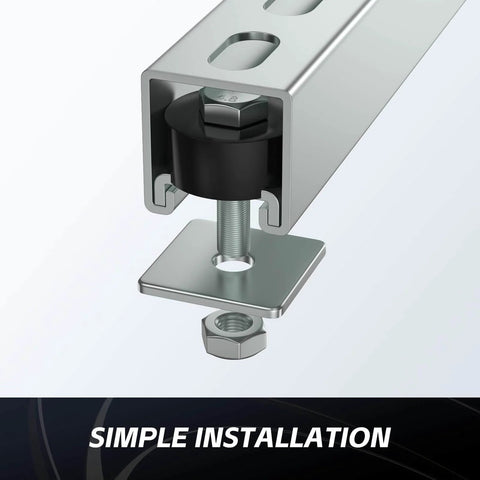 Close-up of Trolley Roller Wheels Limit Stop Assembly for Unistrut Strut Channel with rubber buffer, bolt, and nut.