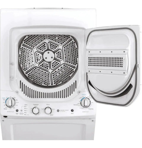 Open view of compact 27 inch unitized washer and electric dryer in one space-saving cabinet with controls and dryer door