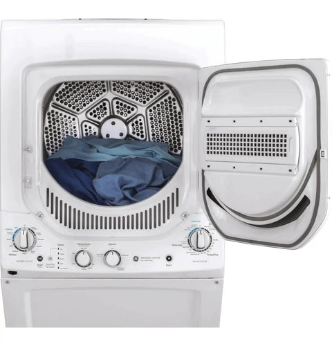 Compact 27 inch unitized washer and electric dryer in one space-saving cabinet with open dryer door showing laundry inside