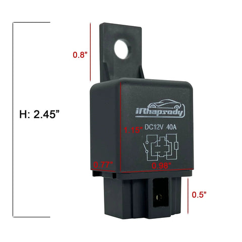Universal 12V 40Amp 4 Pin SPST Replacement Relay in black fire-retardant housing, measurements shown, part of 5 pack for auto upgrades.