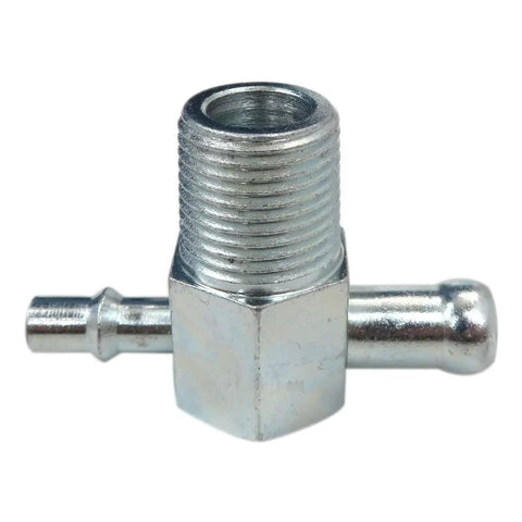 Steel T-fitting with 3/8 NPT thread and 1/4 in & 3/8 in nipples, zinc-coated