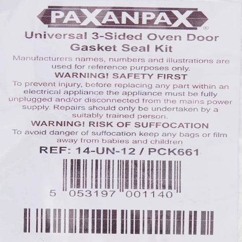 Paxanpax PCK661 universal 3-sided silicone oven door gasket kit label with barcode
