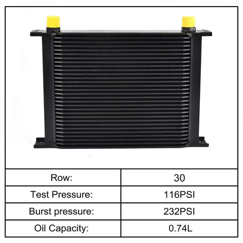 Universal 30 Row Oil Cooler With 10AN Stacked Plate Design for transmission and engine cooling, black finish, 0.74L capacity.