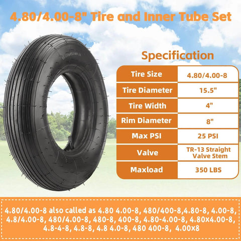4.80/4.00-8 tire and inner tube set with TR-13 straight valve stem, fits 15.5-inch wheels, shown with specifications chart