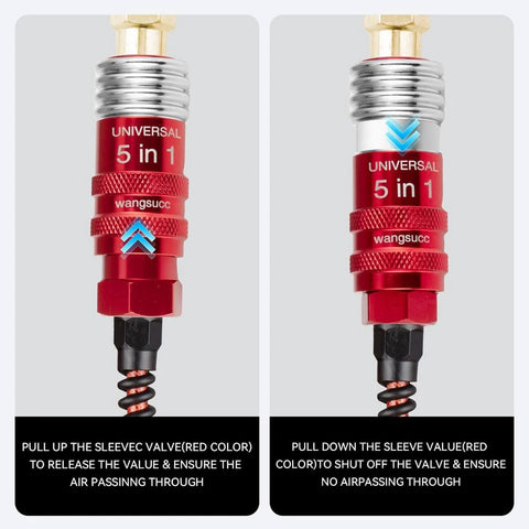 Pro Grade 5 In 1 Quick Connect Air Hose Fittings 1 Quarter Inch Body Size Heavy Duty Universal Coupler For Air Compressors 300 PSI Safe Easy Snap Quick Connect 6 Ball Bearing Seal Ring No Tape Needed showing red sleeve valve in up and down positions with instructions