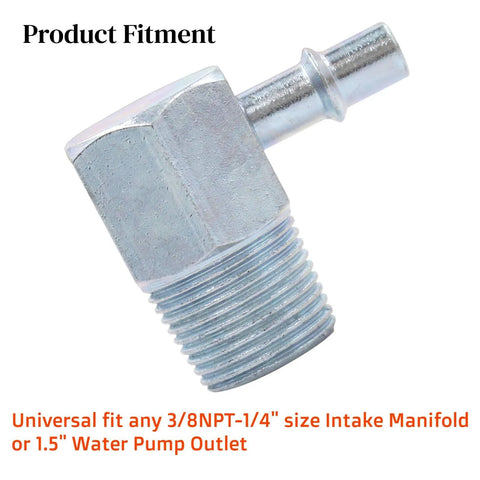 Aluminum 90° vacuum fitting for intake manifold, 3/8 NPT to 1/4 inch nipple, universal fit