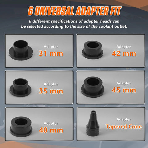 Coolant vacuum refill kit with 6 black adapters (31–45 mm) and a tapered cone for radiator lines