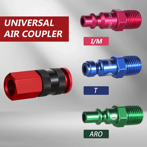 Universal Air Coupler And Plug Kit For Quarter Inch NPT Quick Connect Interchange Compatible With I M Aro And T Type, 14 Piece Set