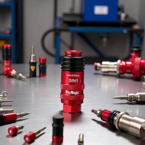 Five In One Universal Quick Connect Air Coupler For 1/4 Inch Female NPT, Industrial Hose Fittings With Six Ball Release Sleeve, Red Body