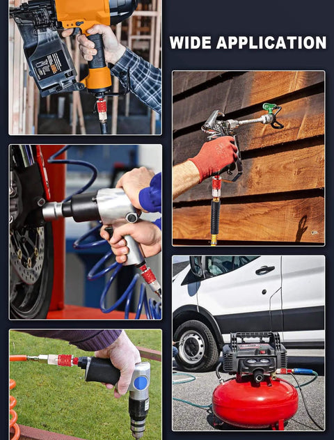 Various pneumatic tools connected using the Sixteen Piece Universal Air Hose Fittings And Quick Connect Kit for Air Compressors.