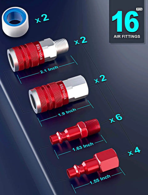 Sixteen Piece Universal Air Hose Fittings And Quick Connect Kit For Air Compressors Pro Grade Lightweight Aluminum