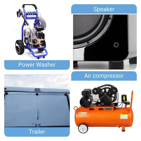 Product usage examples for 8 Pack Universal Anti Vibration Rubber Feet With Stainless Steel Nuts And Washers For Air Compressors Generators Pressure Washers Speaker Cabinets Washing Machines And Home Furniture Replacement Isolation Pads showing power washer, speaker, trailer, air compressor.