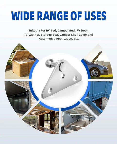 Universal Ball Stud Mounting Brackets For Gas Struts And Shocks 10Mm Holes shown with various installation uses in automotive and storage.
