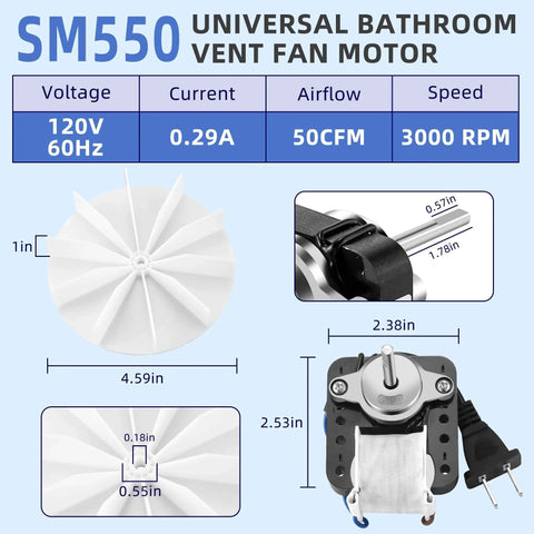 Universal Bathroom Vent Fan Motor Kit SM550 Electric Motors Fit for Nu.Tone Bro.an - 50 CFM 120V, motor dimensions and specifications