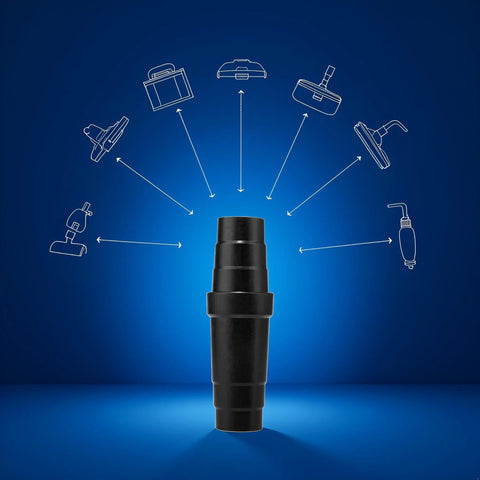 Black ABS vacuum hose adapter front view with universal reducer for multiple vacuum attachments
