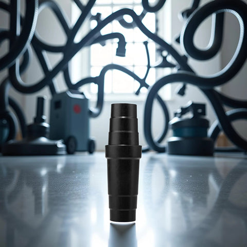 Vacuum cleaner hose adapter, black; ABS plastic universal reducer, upright on a floor with tangled hoses in background.