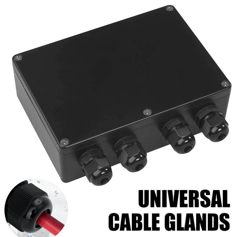 Adjustable NPT Cable Gland 1/4 to 1 Inch Range IP68 Waterproof Strain Relief Cord Connector for Electrical Boxes Black PA Nylon Cord Grips 2 Pack shown on a black electrical box.
