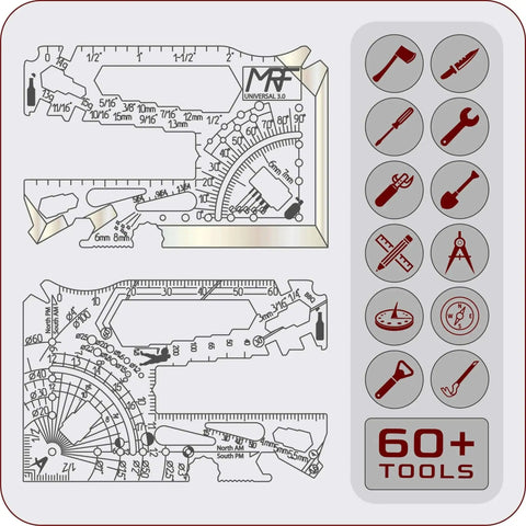 Universal 3.0 Card Multitool With 60 Plus Tools In 440C Stainless Steel, featuring diagrams and icons for EDC and outdoor uses.