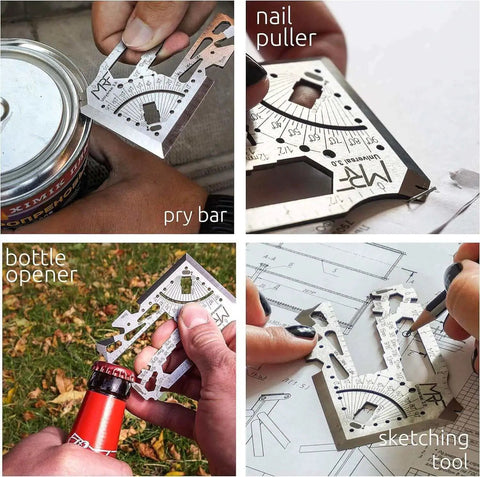 Universal 3.0 Card Multitool with 60 plus tools in 440C stainless steel shown as pry bar, nail puller, bottle opener, and sketching tool.