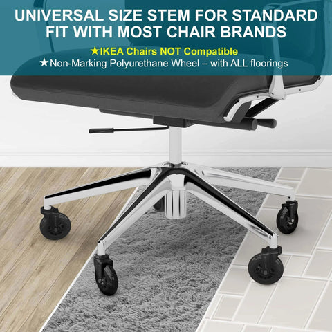 Office chair caster wheels on various flooring types showing universal stem size compatibility, except for IKEA chairs.