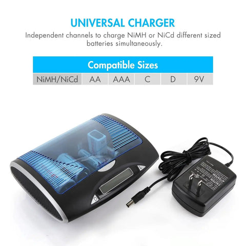Smart Universal Charger With LCD And 32 NiMH Rechargeable AA AAA C D Batteries showing charger with power adapter.