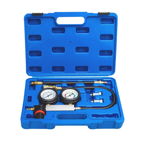 Blue plastic carrying case opened to reveal a dual-gauge cylinder leak-down tester kit with hoses and brass fittings.