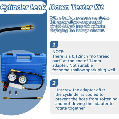 Cylinder leak-down tester kit with blue carry case, dual pressure gauges, hoses and brass adapters.