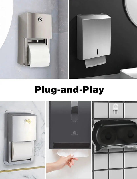 Multiple paper and soap dispensers demonstrating the "Universal Dispenser Key Set For Paper Towel, Toilet Paper, And Soap Dispensers With 29 Replacement Keys Fits Most Brands Easy Universal Access To Fix Jams Backup Keys For Maintenance Never Be Stuck Again" feature.