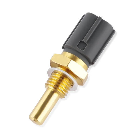Angled view: engine coolant temperature sensor with brass threaded probe and gray plastic connector