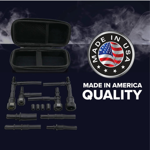 Automotive EVAP leak-detection kit with black carrying case and adapters for smoke machines; Made in USA badge