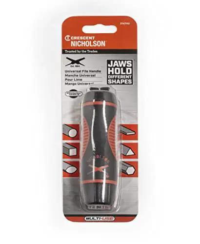 Adjustable universal file handle clamps to tool tang and fits multiple file sizes without inserts in retail packaging.
