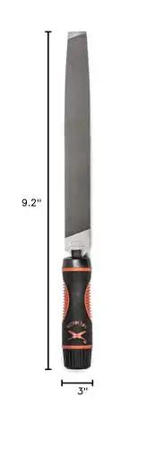 Adjustable universal file handle clamps to tool tang and fits multiple file sizes without inserts, pictured with attached file.