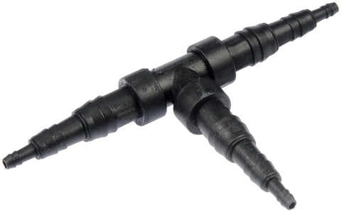 Dorman 493-011 vacuum tubing tee, black plastic three-way barbed fitting for automotive vacuum lines.