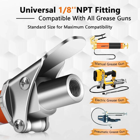 Hands Free Lock On Grease Gun Coupler With Cleaning Tool, 14000 PSI Quick Release, 5/8 Inch Size, 1/8 NPT Fitting, universal fit image