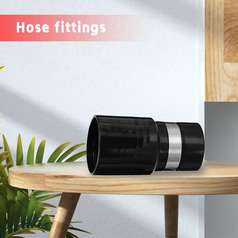 Central vacuum hose adapter, 1-1/4-inch, black plastic with silver band, side view.