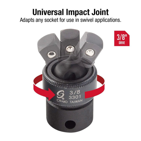 Universal Impact Joint Cr Mo Steel showing 3/8 Inch Drive Swivel Adapter for tight spaces in automotive repair